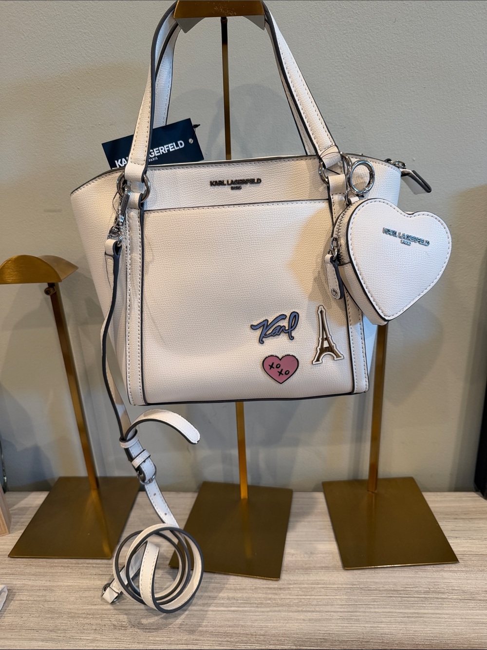 Karl Lagerfeld Paris White Leather Shoulder Bag with Heart Charm and Patches